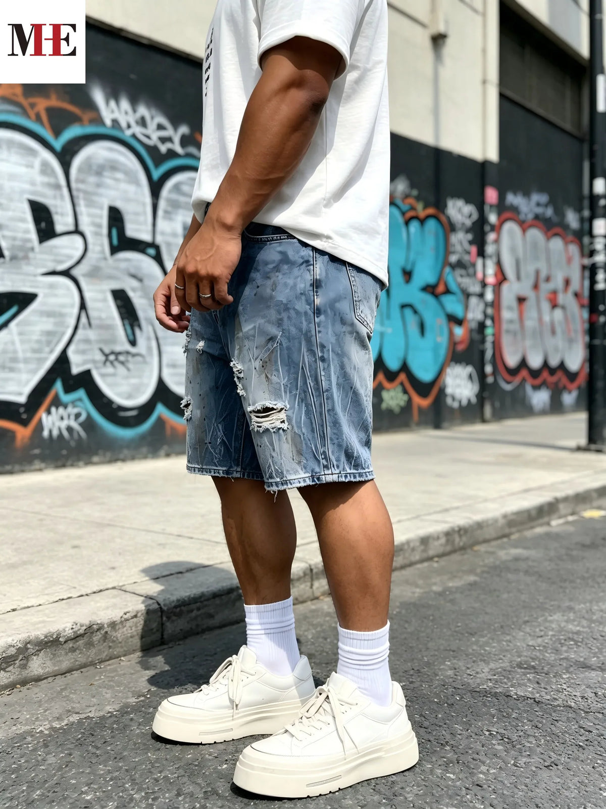 HME Men's Grunge Denim Pants, Blue Knee-Length Shorts with Rips & Vintage Wash for Street Style