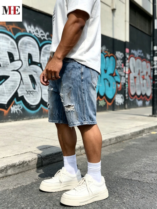 HME Men's Grunge Denim Pants, Blue Knee-Length Shorts with Rips & Vintage Wash for Street Style