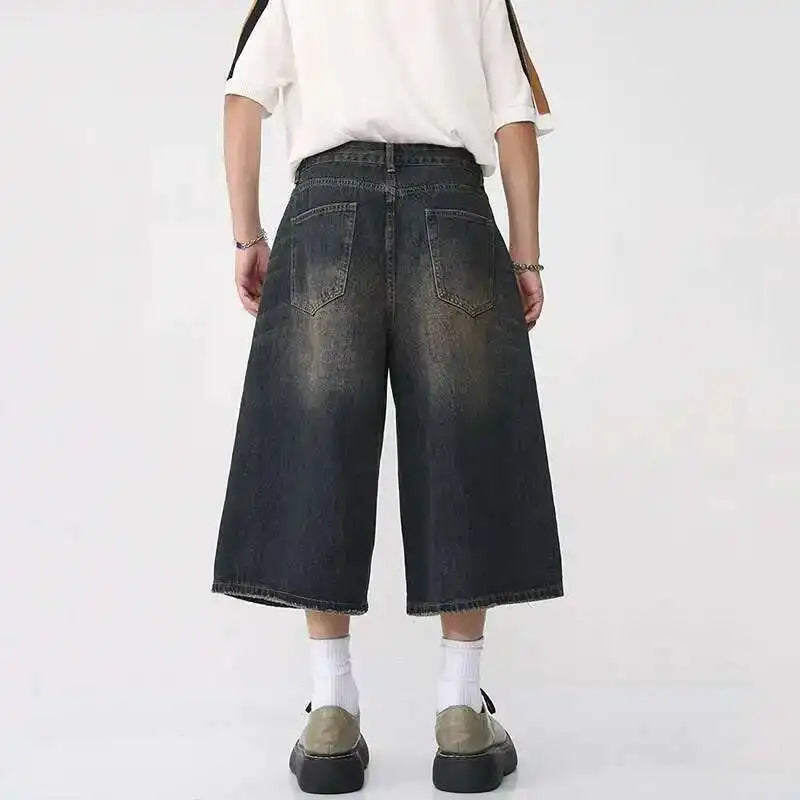 IEFB Korean Style Vintage Men's Jeans Summer Loose Male Wide Leg Knee Length Shorts New Washed Fashion Short Denim Pants 9A8825