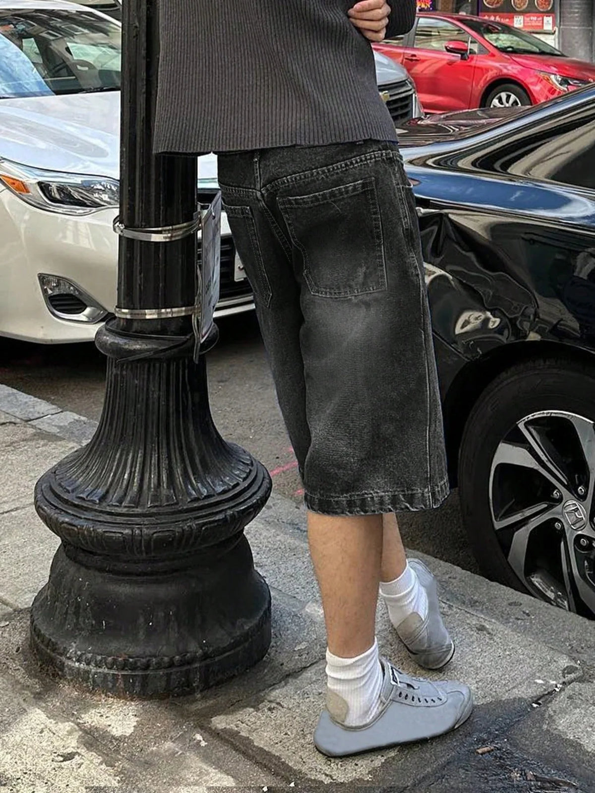 Men relaxed black non stretch denim jorts casual solid color simple daily fashion short trousers