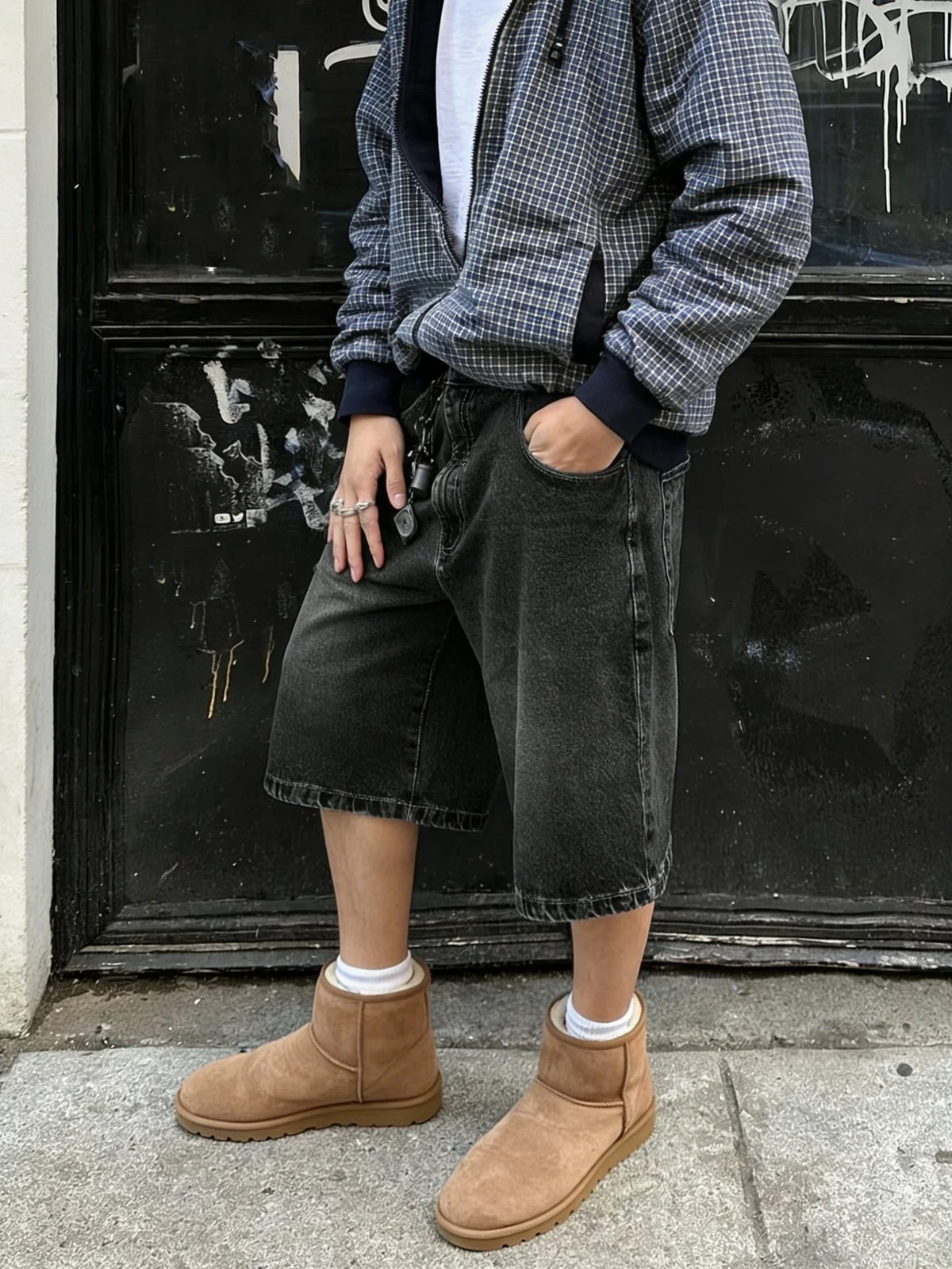 Men relaxed black non stretch denim jorts casual solid color simple daily fashion short trousers