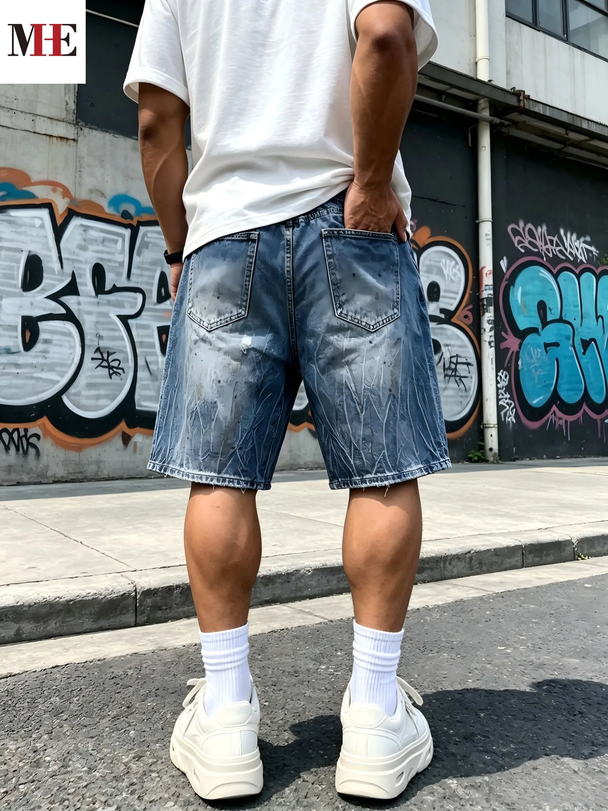 HME Men's Grunge Denim Pants, Blue Knee-Length Shorts with Rips & Vintage Wash for Street Style